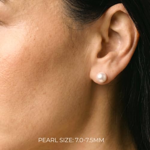 THE PEARL SOURCE Round White Freshwater Real Pearl Earrings in AAAA Quality for Women - 14k White and Yellow Gold Stud Earrings | Hypoallergenic Earrings with Genuine Cultured Pearls, Pearl Gifts for Christmas, Holidays and Anniversary - color: White Gold