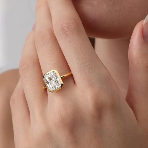 Radiant Cut Moissanite Engagement Ring for Women, Bezel Set Solitaire Ring | D Color VVS1 925 Sterling Silver 14K Gold Plated Wedding Ring, Available in 2CT 3CT 5CT, Diamond Alternative Promise Jewelry - style: 01 - Yellow Gold - 5CT Radiant Moissanite