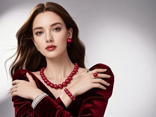 Prom Jewelry Set for Women Pearl Jewelry Sets Pearls Necklace Earrings Bracelet Ring Sets Faux Pearls Bridesmaid Bridal Wedding Prom Outfits Jewelry Sets - color: Dark Red