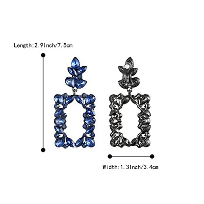 Clip-on Dangle Earring Earrings Art Deco Sparkly Rhinestone Marquise Teardrop Rectangle Geometric Statement for Women - color: Sapphire Color Black-Tone