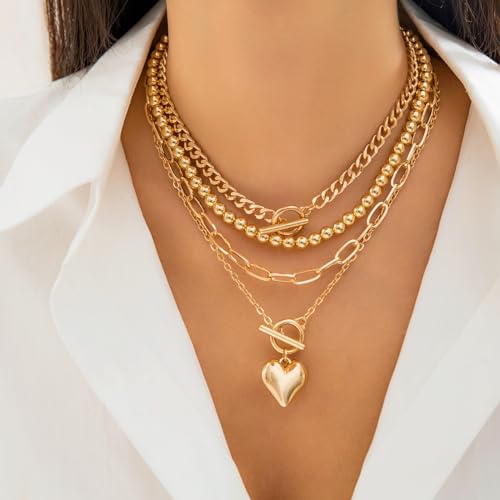CSIYANJRY99 Layered Gold Necklaces for Women Chunky Gold Necklace Stack Layered Cuban Paperclip Snake Chain Necklace Retro Coin Dainty Pendant Toggle Clasp Necklace - style: Gold Beaded Heart