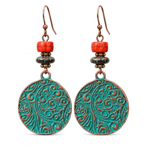 Vintage Boho Teardrop Earrings for Women, Retro Bronze Turquoise Engraved Flower Dangle Earrings, Bohemian Ethnic Tribal Jewelry for Holiday, Beach, Daily Wear, Gift for He - color: Turquoise Copper
