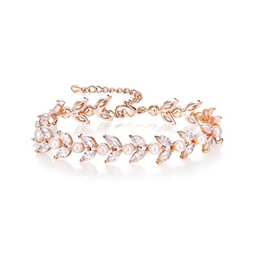 EVER FAITH Gorgeous Cubic Zirconia Pearl Wedding Link Bracelet for Bride | Marquise Teardrop Crystal Bridal Prom Jewelry, for Women Bridesmaids - style: Marquise_Clear Rose Gold-Tone