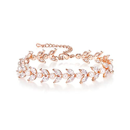 EVER FAITH Gorgeous Cubic Zirconia Pearl Wedding Link Bracelet for Bride | Marquise Teardrop Crystal Bridal Prom Jewelry, for Women Bridesmaids - style: Marquise_Clear Rose Gold-Tone