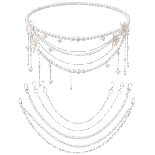 Jadive 5 Pieces Belt Chain Jeans Pants Pocket Waist Multi-Layer Hip Hop Metal Wallet Chain for Men Women - style: Pearl, Flower