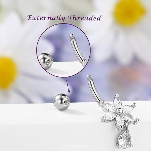 Melighting 14G Clear Belly Button Ring, Flower Belly Piercing Jewelry Surgical Steel 316L, Dangle Teardrop CZ Navel Piercing Barbell, 10 mm Silver Lotus Body Jewellery for Women