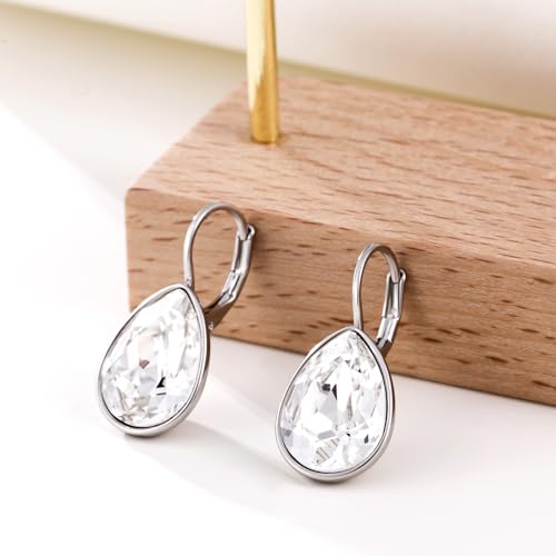 Xuping Jewelry Huggies Crystal Teardrop Earrings for Women Clear Crystals Leverback Silver Earring Fashion Party Jewelry Gifts - color: White