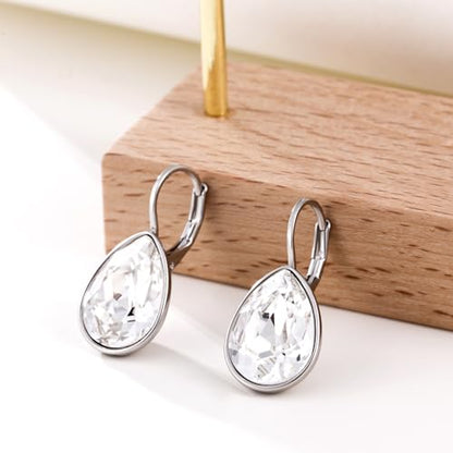 Xuping Jewelry Huggies Crystal Teardrop Earrings for Women Clear Crystals Leverback Silver Earring Fashion Party Jewelry Gifts - color: White