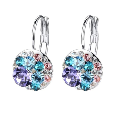 Multicolored Austrian Crystal Leverback Earrings for Women 14K Gold Plated Dangle Hoop Earrings Hypoallergenic Jewelry - color: Purple Main Crystal/Silver-tone