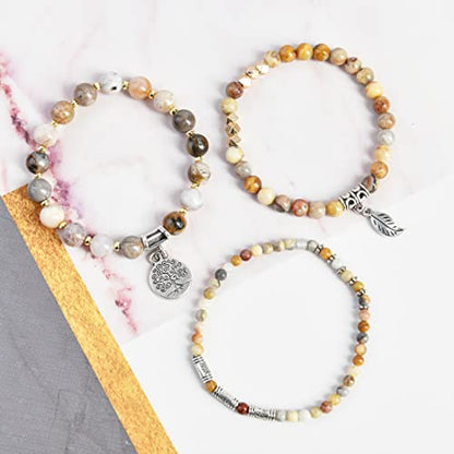 YGLINE Tree of Life Yoga Healing Stone Bracelets,Multilayer Lotus Chakra Stone Reiki Bracelet Sets,Anxiety Crystal Natural Stone,for Women Stress Relief - color: agate-3w