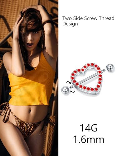 Oveta Heart Nipple Rings Surgical Steel 14G, Cute Internally Threaded Nipple Piercing Jewelry Barbells 14mm for Women, Silver/Gold, 2PCS - color: Red CZ