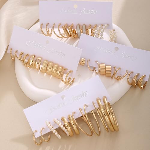 14K Gold Plated Geometric Hoop Earrings for Women Chunky Hypoallergenic Thick Lightweight Jewelry - color: Gold-24 Pairs-A
