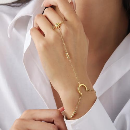 Lunar Hand Chain – Adjustable 18K Gold Plated Crescent Moon Bracelet for Women Delicate Gold Moon Jewelry Lightweight Elegant Charm Bracelet - color: Steel