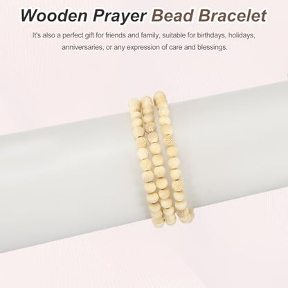 MECCANIXITY Prayer Beads Bracelet, Natural Wooden Bead Mala Bracelets Link Wrist Men Women Beaded Stretch Crafts Bangle - color: Golden Bamboo Color