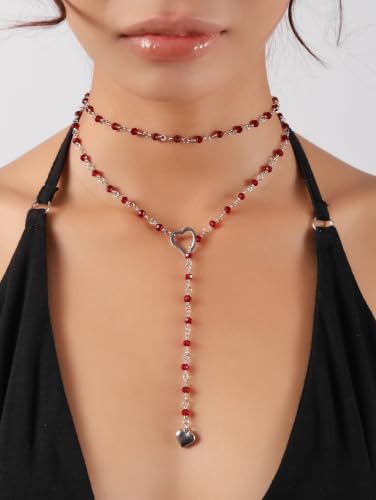 Sacina Long Lariat Beaded Heart Choker Necklace, Goth Emo Punk Grunge Necklace - color: Red