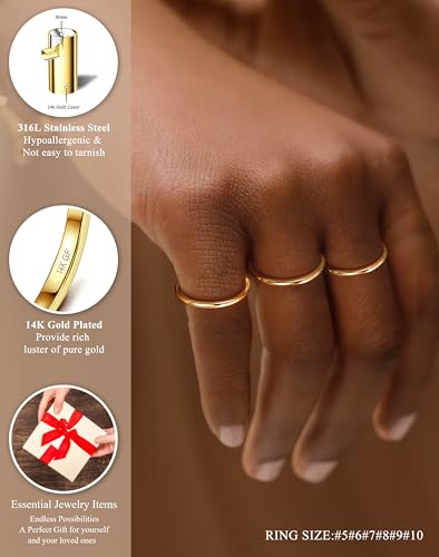LOYALLOOK 1.5mm Silver Rings for Women Non Tarnish Stainless Steel Rings | Thin Stackable Band Rings Plain Knuckle Rings Thumb Pinky Midi Stacking Rings - color: Gold Tone