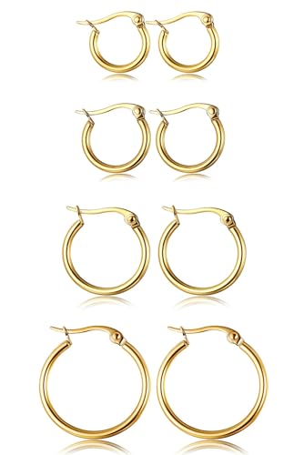 ORAZIO Stainless Steel Hoop Earrings Set Huggie Earrings for Women | Hypoallergenic Thin Small Non Tarnish Lightweight Dainty Trendy 10-20MM Women Stacks Multiple Piercing Jewelry Gift - style: Gold Plated, 4 pairs