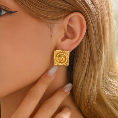 Chunky Stud Earrings for Women 18K Gold Plated Large Square Rectangle Geometric Round Swirl Stud Earrings Trendy Irregular Hammered Statement Earrings - color: Square Swirl-Gold