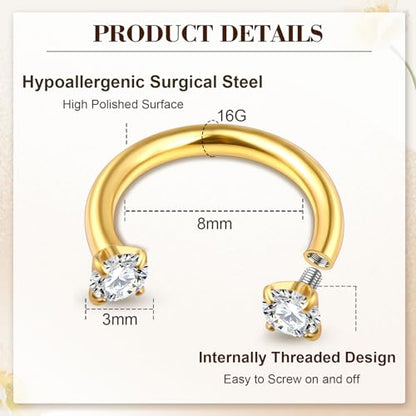 ONESING 20-30 Pcs Septum Rings 16G Septum Jewelry - Surgical Steel Piercings Horseshoe Helix Daith Smiley Tragus Lip Rings Nose Hoop Hinged Seamless Piercing Jewelry for Women Men - color: Gold/CZ Ball-16G-8mm