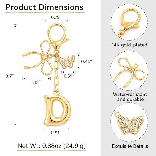 Gold Bubble Heart, Cherry, Bow & More Designs Letter Initial Keychain Bag Charms – Cute Purse Charms for Handbags - color: Bow & Butterfly, style: D