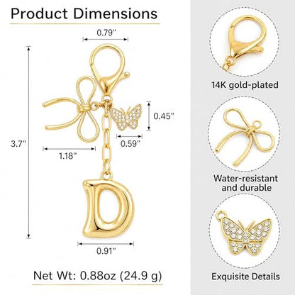 Gold Bubble Heart, Cherry, Bow & More Designs Letter Initial Keychain Bag Charms – Cute Purse Charms for Handbags - color: Bow & Butterfly, style: D