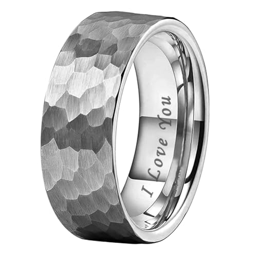 TUTISS 6mm 8mm Silver/Black/Gunmetal/Gold/Rose Gold Hammered Tungsten Rings for Men Women Couple Fashion Jewelry Engagement Wedding Bands Matte Finish Comfort Fit - color: 8mm Silver I Love You Engraved