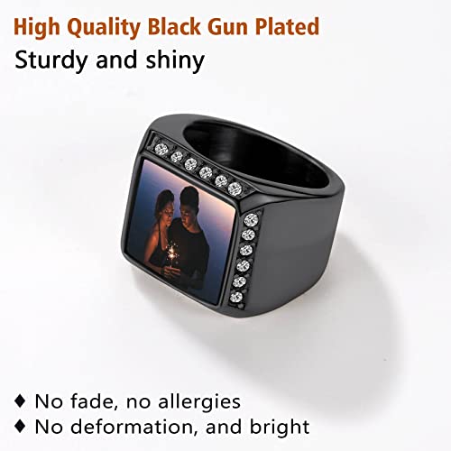 FindChic Customized Signet Photo Rings Square/Heart/Round Chunky Band Ring Stainless Steel/18K Gold Plated/Black Size 7 to 14 Personalized Jewelry for Men Women, Send Gift Box - color: 01. square (black)