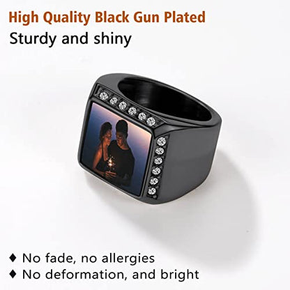 FindChic Customized Signet Photo Rings Square/Heart/Round Chunky Band Ring Stainless Steel/18K Gold Plated/Black Size 7 to 14 Personalized Jewelry for Men Women, Send Gift Box - color: 01. square (black)