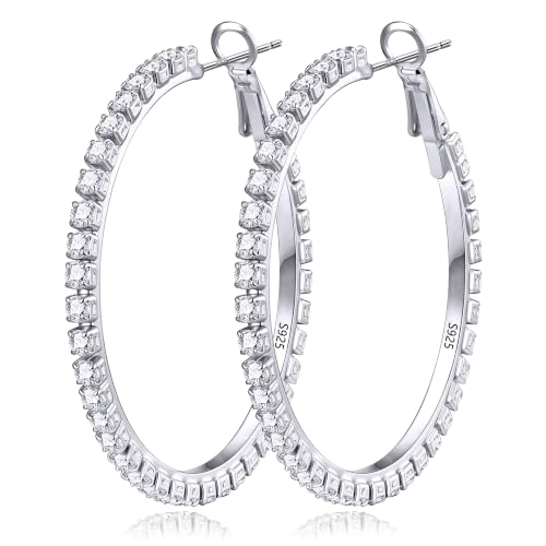 3mm 925 Sterling Silver Big Cubic Zirconia Hoop Earrings for Women Large Rhinestone Hoop Earrings 14K Gold Plated Hypoallergenic Lightweight 30mm/40mm/50mm/60mm - color: Silver-30mm