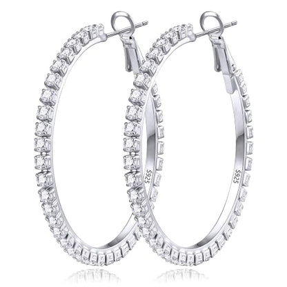 3mm 925 Sterling Silver Big Cubic Zirconia Hoop Earrings for Women Large Rhinestone Hoop Earrings 14K Gold Plated Hypoallergenic Lightweight 30mm/40mm/50mm/60mm - color: Silver-30mm