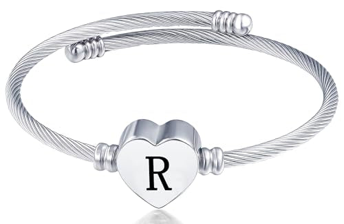 MUERDOU Initial Bracelet for Women Alphabet 26 Letters Bracelet Heart Cable Charm Bracelets Gifts for Her - style: R