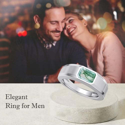 1CT - 3CT Gemstone Signet Pinky Ring - Emerald Cut Gem Pinky Ring White Yellow Rose 10K 14K 18K Gold Sterling Silver Mens Gem Signet Rings for Anniversary Fathers Day - style: Moss Agate