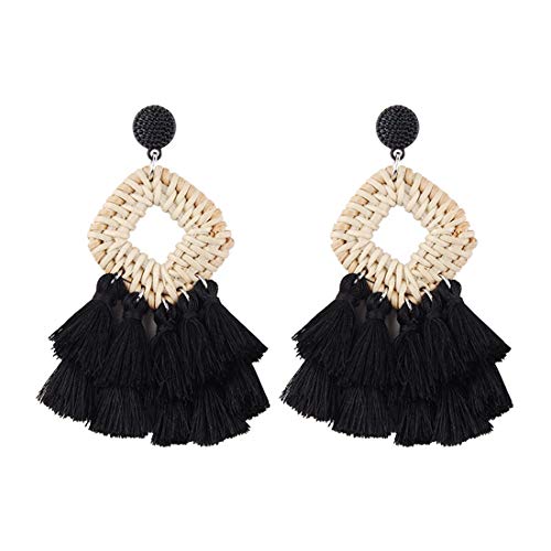 Bohemia Tassel Earrings Statement Handmade Dangle Ethnic Fringe Earrings Bamboo Weaving Geometric Square Sector Gifts for Women - color: C black