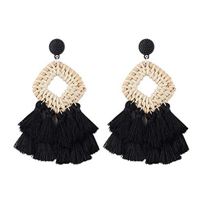 Bohemia Tassel Earrings Statement Handmade Dangle Ethnic Fringe Earrings Bamboo Weaving Geometric Square Sector Gifts for Women - color: C black