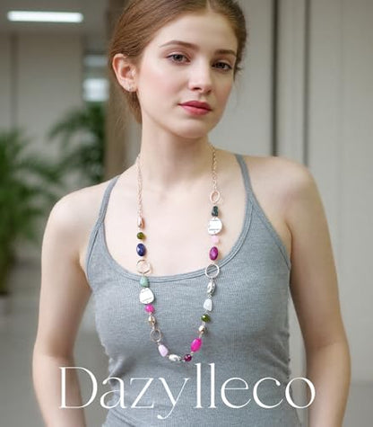 Long Gold Boho Necklaces for Women Beaded Statement Chain Long Necklace Gold Costume Jewelry Birthday Gifts for Her - color: 93-Colorful