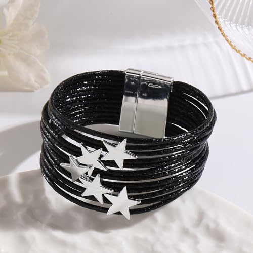 Fesciory Leather Wrap Bracelets for Women, Boho Western Layered Jewelry | Layered leather cuff bracelets, Easy on and off, Boho western style, Daily wear, Gift for women - color: Black 5