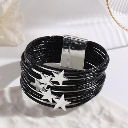 Fesciory Leather Wrap Bracelets for Women, Boho Western Layered Jewelry | Layered leather cuff bracelets, Easy on and off, Boho western style, Daily wear, Gift for women - color: Black 5