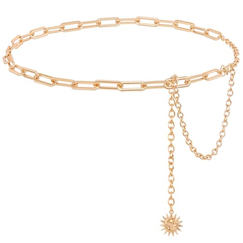 WHIPPY Metal Waist Chain Belt Women Adjustable Body Link Belts Ladies Fashion Chain for Jeans Dress - color: Gold, size: S: Fit for Waist up to 28", style: Paperclip