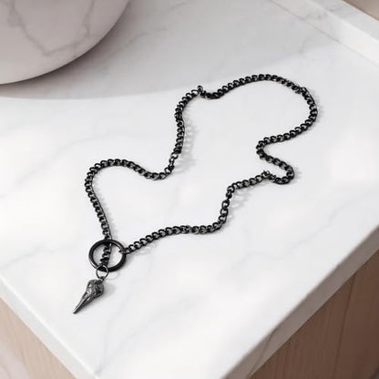 Slip Chain Choker for Women Handmade Black Stainless Steel Cuban Chain Chunky Moon Bat Raven Skull Pendant Gothic Punk Rock Collar Adjustable Lariat Y Necklace for Men - style: Raven skull