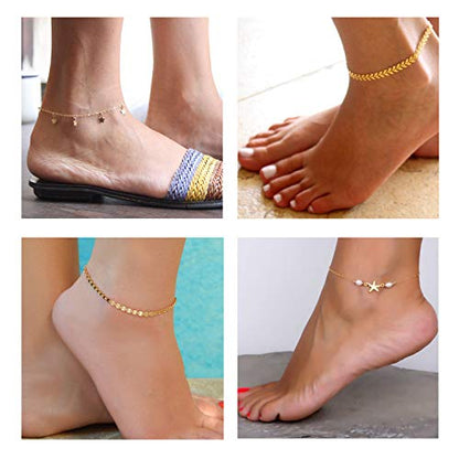 Softones 16Pcs Ankle Bracelets for Women Gold Silver Two Style Chain Beach Anklet Bracelet Jewelry Anklet Set,Adjustable Size - color: B:Gold