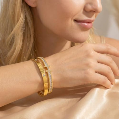 18K Gold H & Love Bangle Bracelets for Women, Stackable Cubic Zirconia H and Love Bracelet Set, Luxury Trendy Stack Jewelry Gift