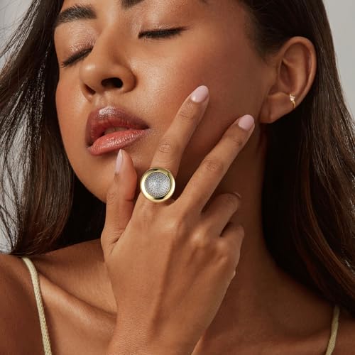 HZMAN Brass Crystal Adjustable Open Ring Collection, Multi-Style Statement Rings for Women & Men, Mix Cut & Paved Crystal Designs - color: Two-Tone Round Ring