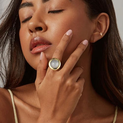 HZMAN Brass Crystal Adjustable Open Ring Collection, Multi-Style Statement Rings for Women & Men, Mix Cut & Paved Crystal Designs - color: Two-Tone Round Ring