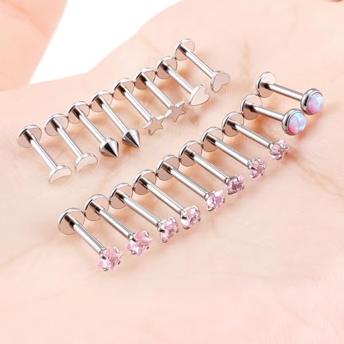 Threadless Noses Rings, Flat Back Earrings, 20/18/16g-Gauge 5/16in-Post 3mm-Top, Hypoallergenic Surgical Steel Medusa Lip Labret Cartilage Helix Tragus Conch Piercing Jewelry for Women Men - color: Pink, size: 16g*8mm