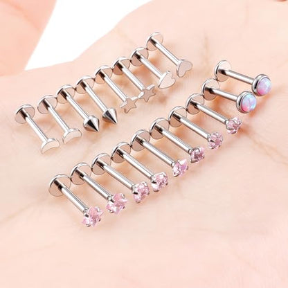Threadless Noses Rings, Flat Back Earrings, 20/18/16g-Gauge 5/16in-Post 3mm-Top, Hypoallergenic Surgical Steel Medusa Lip Labret Cartilage Helix Tragus Conch Piercing Jewelry for Women Men - color: Pink, size: 16g*8mm