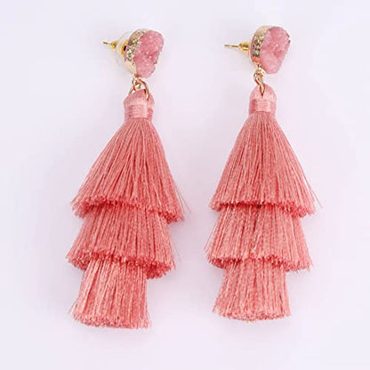 Bohemian Tiered Tassel Earrings with Druzy Stud for Women | Long Layered Fringe Drop Earrings, Statement Jewelry for Party Beach Festival - color: Blush