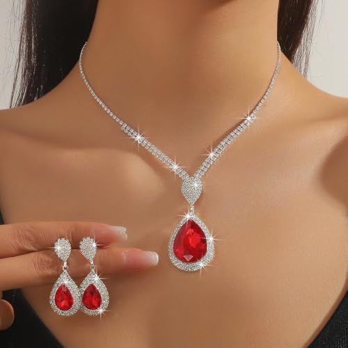 Fashion Red Black Colorful Bridal Teardrop Layered Crystal Necklace Earrings Set Sparkly Rhinestone Crystal Elegant Bridal Teardrop Shape Choker Earrings For Prom Costume Set Christmas Halloween Full Rhinestone Choker Necklace Earrings for Women - color: