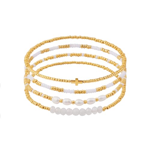 Dainty Gold Plated Pearl Crystal Beaded Bracelets Set for Women 14K Gold Plated Bead Pearl Beads Bracelet Stackable Paperclip Link Chain Bracelets Gold Plated Bracelets for Women Trendy Jewelry - color: Style10-cross pcs