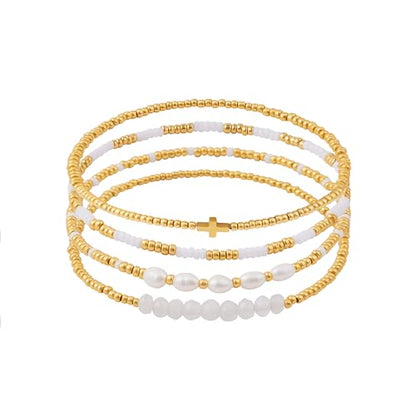 Dainty Gold Plated Pearl Crystal Beaded Bracelets Set for Women 14K Gold Plated Bead Pearl Beads Bracelet Stackable Paperclip Link Chain Bracelets Gold Plated Bracelets for Women Trendy Jewelry - color: Style10-cross pcs