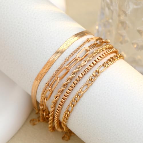 Bracelets for Women, Dainty Stackable Bracelet Stack Sets Tiny Box Chain Adjustable Bracelets Minimalist Cute Jewelry Paperclip Link Layered Waterproof Jewelry Sets Gifts - style: 6-PIECE IMITATION